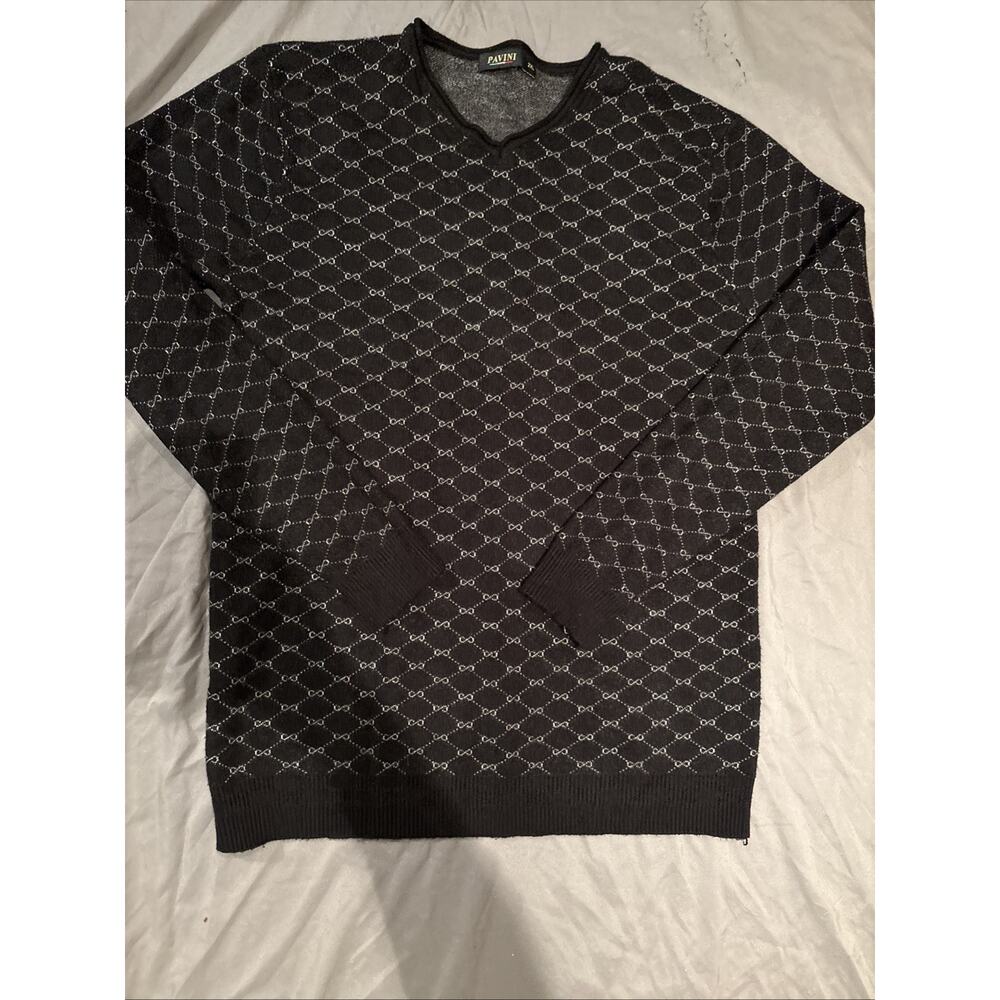 PAVINI Men's Sweater Black White Monogram Pattern Knit Pullover Shirt XL